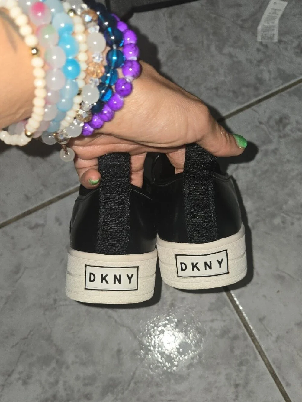 DKNY Black & White Logo Slip-On Wedge Sneakers